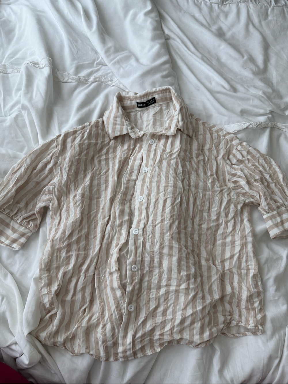 Beige & White Striped Relaxed Button-Up Blouse